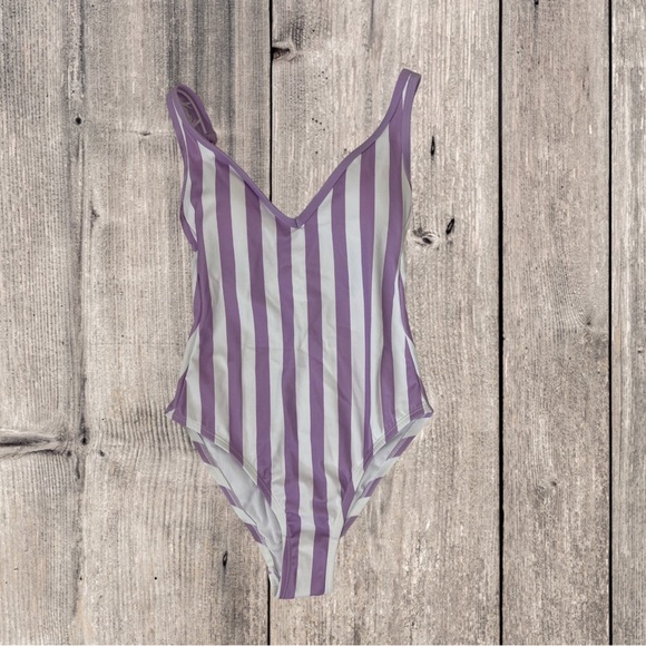 Striped Purple White V-neck Medium Coverage One Piece Bathing Swimsuit - Picture 3 of 4